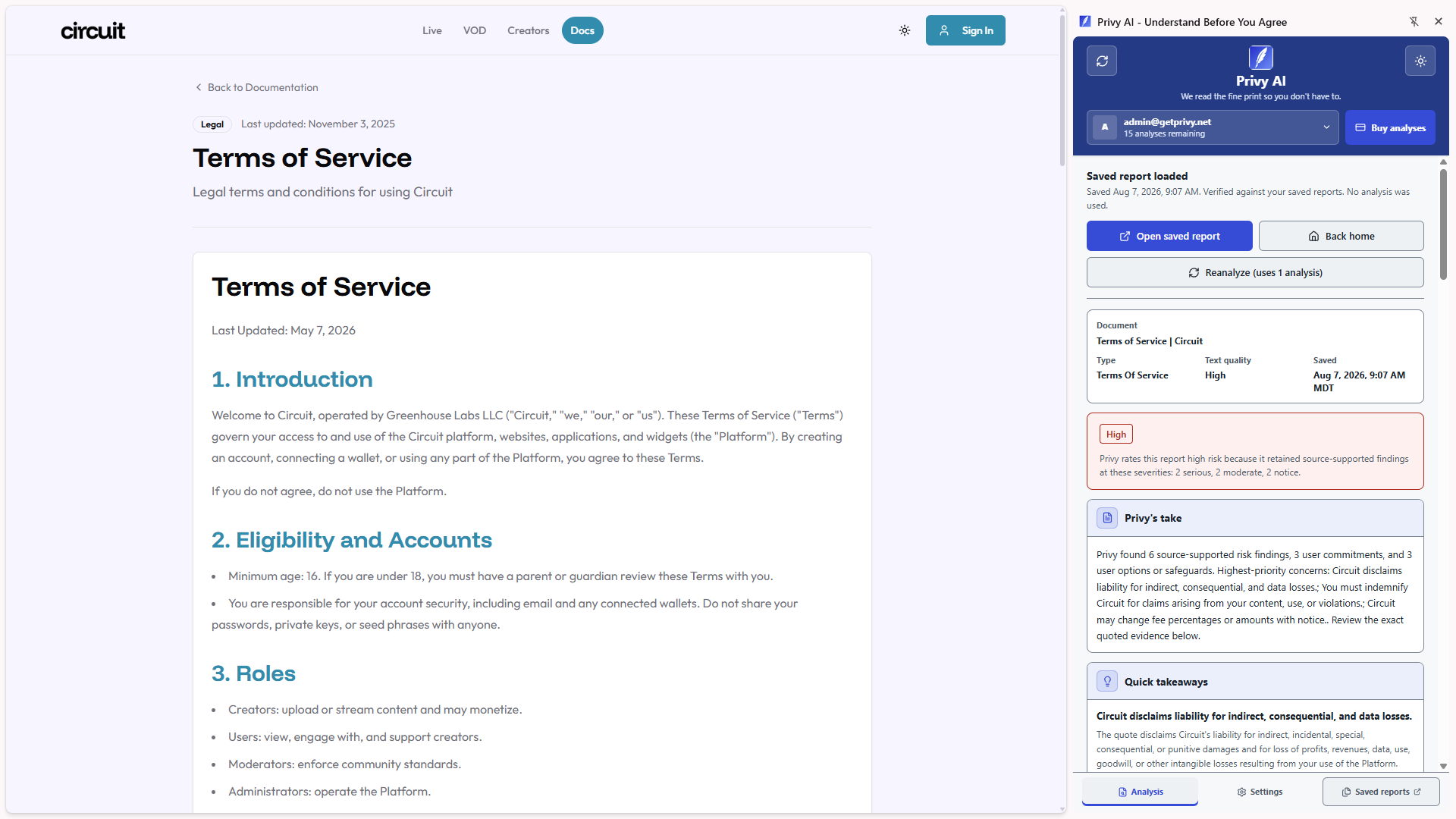 Privy side panel showing a completed Terms of Service report with a high-risk rationale, source-backed takeaways, and the original document beside it.