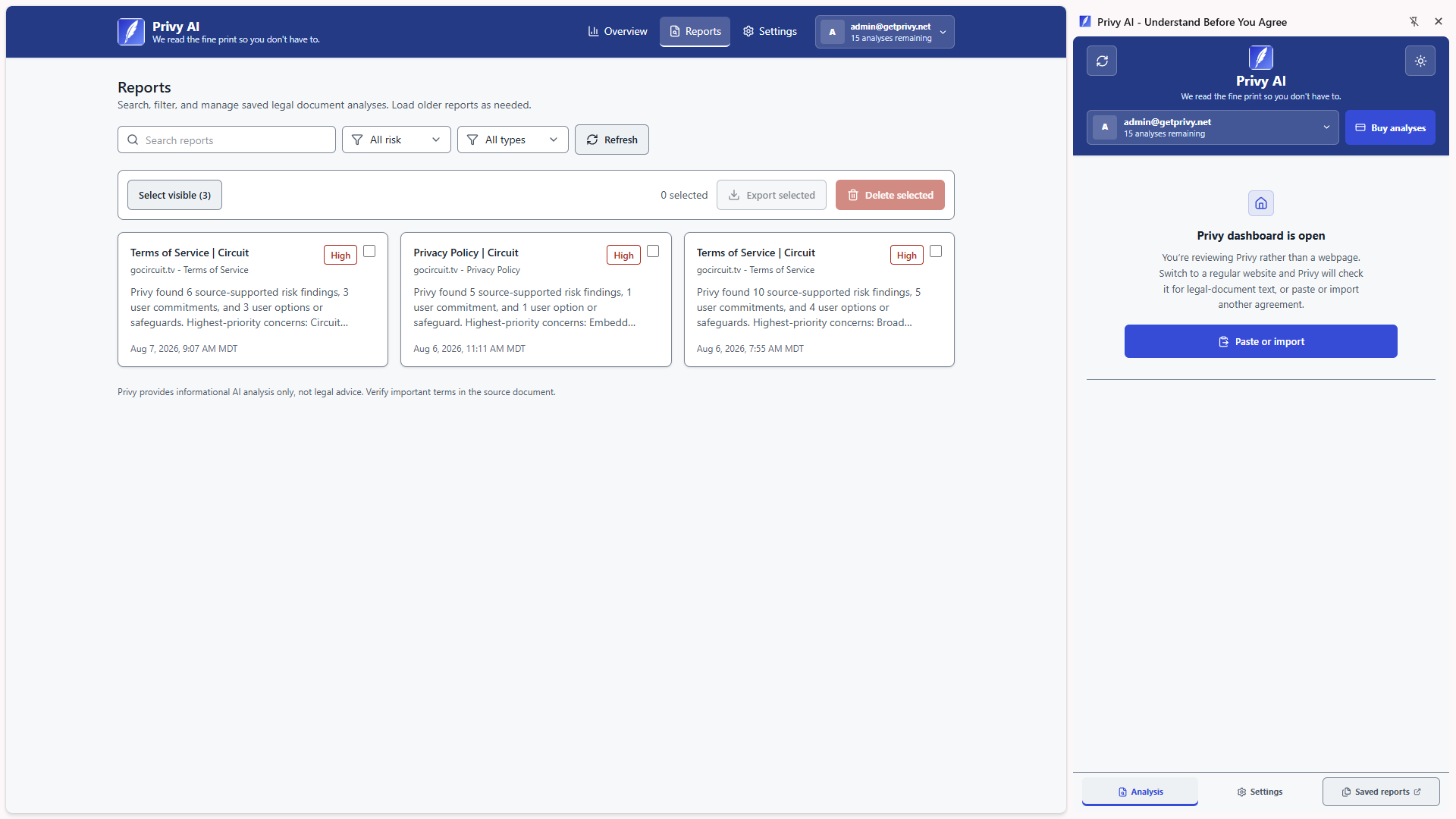 Privy saved reports dashboard with search, risk and document filters, report selection, export, deletion, and saved report cards.